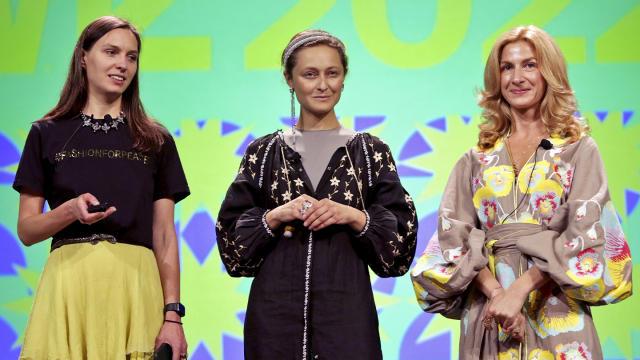 (L-R) Natalia Modenova, Daria Shapovalova, and Asya Nikolaeva speak at Ukraine for Peace: Supporting the Creators and Innovators – SXSW 2022 – Photo by Travis P Ball/Getty Images for SXSW
