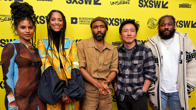 (L-R) Zazie Beetz, Stefani Robinson, Donald Glover, Hiro Murai and Stephen Glover attends the "Atlanta" premiere – SXSW 2022 – Photo by Rich Fury/Getty Images for SXSW