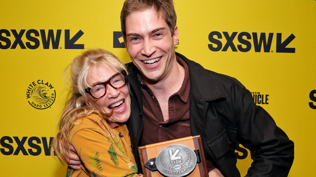 Deborah Morosini and James Morosini pose with the Narrative Feature Competition Award for ‘I Love My Dad’ – SXSW 2022 – Rich Fury/Getty Images for SXSW