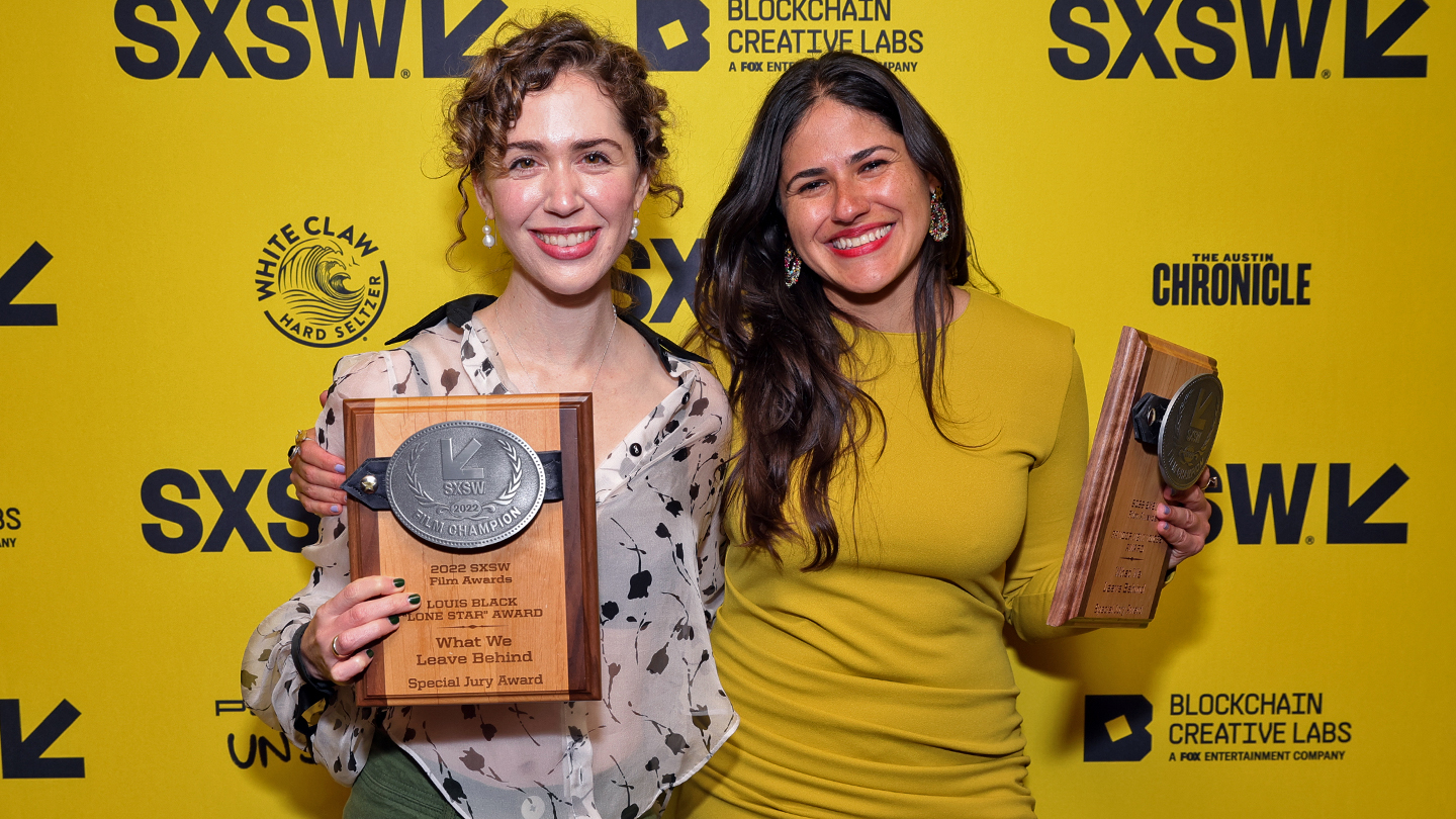 Emma D. Miller and Iliana Sosa pose with awards for "What We Leave Behind" – SXSW 2022 – Photo by Rich Fury/Getty Images for SXSW