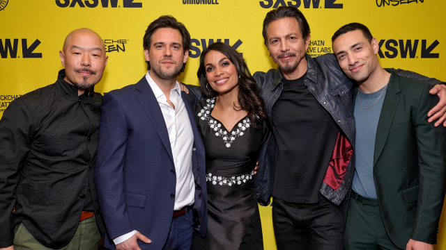 (L-R) Hoon Lee, Roberto Patino, Rosario Dawson, Benjamin Bratt and Freddy Miyares attend "DMZ" premiere – SXSW 2022 – Photo by Rich Fury/Getty Images for SXSW