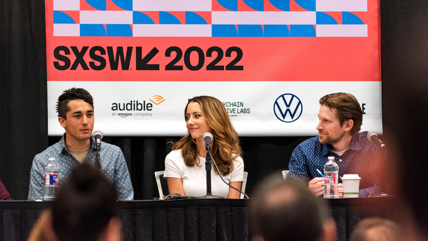 (L-R) Sumner Norman, Taryn Southern and Evan Coopersmith – BCI: Good for Business and the Future of Humanity – SXSW 2022 – Photo by Genine Short