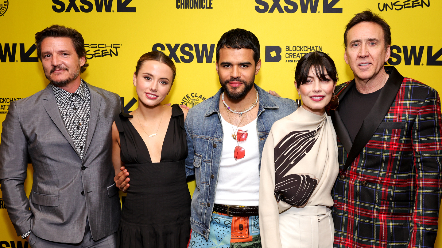 (L-R) Pedro Pascal, Lily Sheen, Jacob Scipio, Alessandra Mastronardi and Nicolas Cage attend "The Unbearable Weight of Massive Talent" premiere – SXSW 2022 – Photo by Rich Fury/Getty Images for SXSW