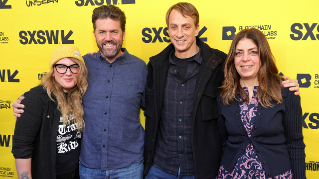 (L-R) Mel Eslyn, Sam Jones, Tony Hawk and Nancy Abraham attend "Tony Hawk: Until the Wheels Fall Off" premiere – SXSW 2022 – Photo by Rich Fury/Getty Images for SXSW