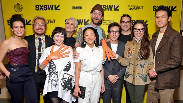 L-R) Jenny Slate, Daniel Kwan, Tallie Mendel, Jamie Lee Curtis, Daniel Scheinert, Stephanie Hsu, Ke Huy Quan, Jonathan Wang, Michelle Yeoh and Harry Shum Jr. attend 