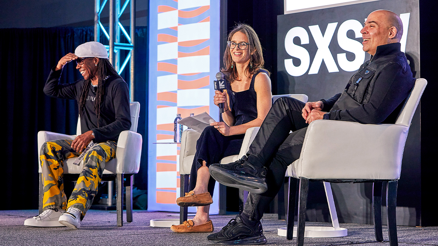 Where Does the Songwriter Really Sit in the Economic Equation? with (L-R) Nile Rodgers, Hannah Karp, and Merck Mercuriadis – SXS 2022 – Photo by Mike Jordan/Getty Images for SXSW