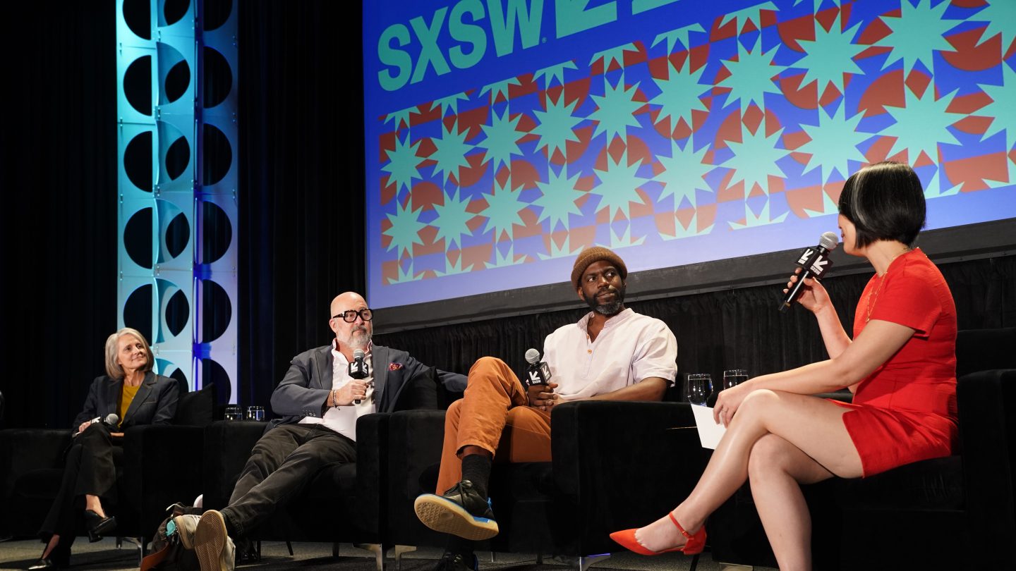 AUSTIN, TEXAS - MARCH 16: (L-R) Denise Osterhues, Andrew Zimmern, Stephen Satterfield and Emily Ma speak onstage at 'Future Intersections of Food, Technology & Culture' during the 2022 SXSW Conference and Festivals at Austin Convention Center on March 16, 2022 in Austin, Texas. (Photo by Amy E. Price/Getty Images for SXSW)
