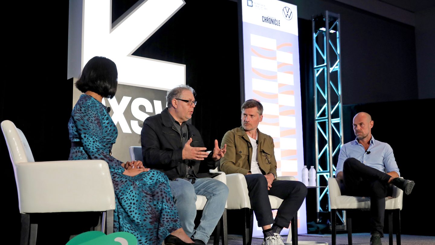 AUSTIN, TEXAS - MARCH 17: (L-R) Dr. Sweta Chakaborty, Boaz Paldi, Nikolaj Coster-Waldau, and Mik Thobo-Carlsen speak onstage at 'We Don't Have Time — Act on Climate Now' during the 2022 SXSW Conference and Festivals at Austin Convention Center on March 17, 2022 in Austin, Texas. (Photo by Diego Donamaria/Getty Images for SXSW)