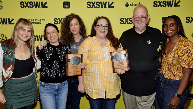 (L-R) Karen Skloss, Amy Bench, Annie Silverstein, Leslie Estes, Walker Estes, and Monique Walton win the TEXAS SHORTS award for “Breaking Silence” – SXSW 2023 Film & TV Awards – Photo by Frazer Harrison/Getty Images for SXSW