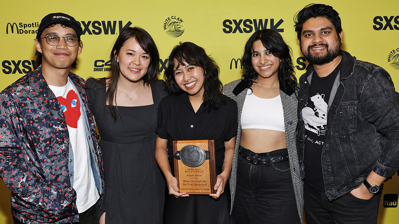 (L-R) David Oconer, Samantha Skinner, Kayla Galang, Alifya Ali and Udoy Rahim win the Texas Shorts Special Jury Award for “When You Left Me on that Boulevard” – SXSW 2023 Film & TV Awards – Photo by Frazer Harrison/Getty Images for SXSW