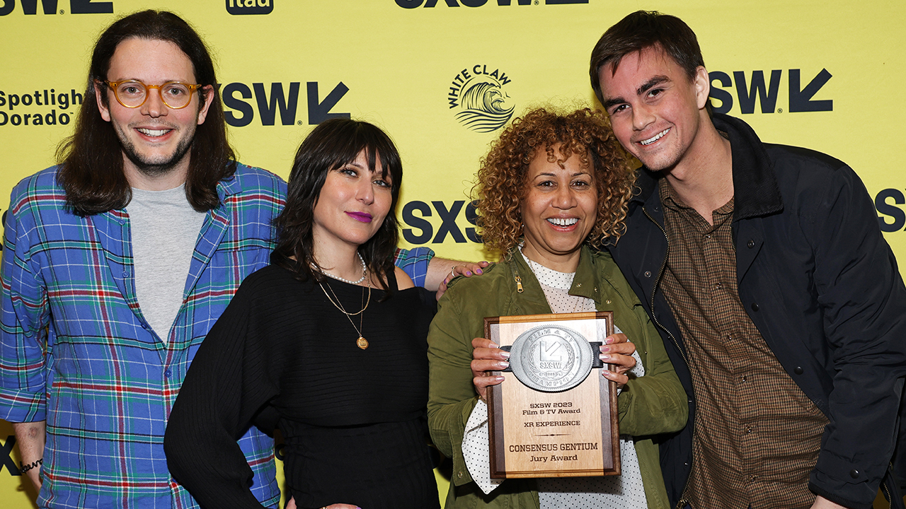 (L-R) Tom Millen, Karen Palmer, Thalia Mavros and Thomas Shannon win the XR Experience Competition award for “Consensus Gentium” – SXSW 2023 Film & TV Awards – Photo by Frazer Harrison/Getty Images for SXSW