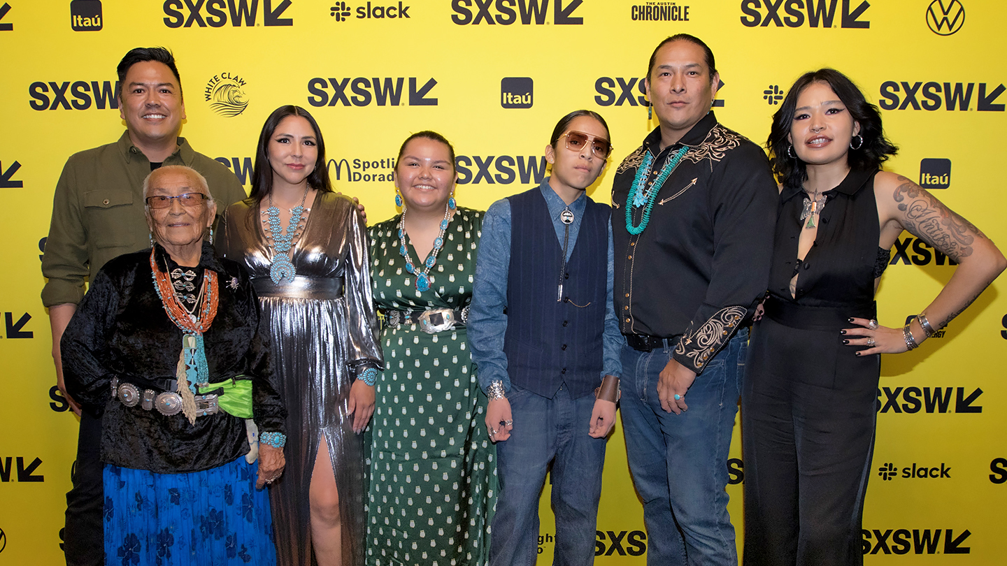 (L-R) Billy Luther, Sarah H. Natani, Nasheen Sleuth, Charley Hogan, Keir Tallman, Ryan Begay, Morningstar Angeline – "Frybread Face and Me" Premiere – SXSW 2023 – Photo by Justin Lotak
