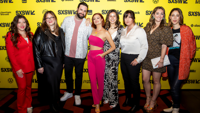 (L-R) Mariah Owen, Gillian Bohrer, Brett Haley, Leah McKendrick, Amanda Mortimer, Julia Swain, Kerry Hennesy, Eden Perry – "Scrambled" Premiere – SXSW 2023 – Photo by Justin Zamudio