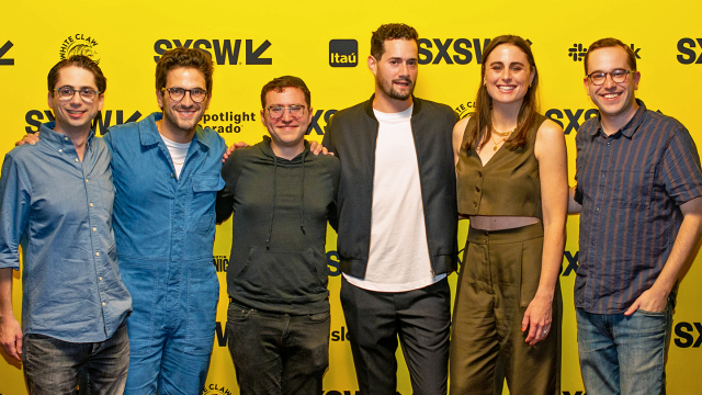 (L-R) Russ Posternak, Matt Angel, J.D. Lifshitz, Raphael Margules, Suzanne Coote, Chadd Harbold – "The Wrath of Becky" PRemiere – SXSW 2023 – Photo by Daniel Poe