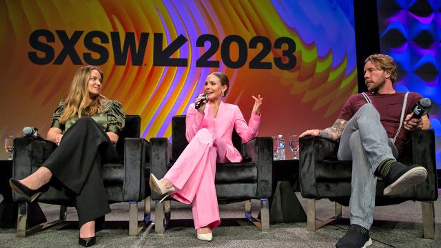 (L-R) Erica Buxton, Kristen Bell, Dax Shepard – Featured Session: Building a Brand Through Community – SXSW 2023 – Photo by Tim Strauss