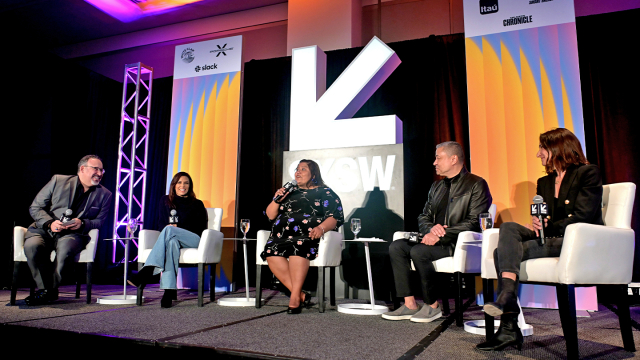 (L-R) Miguel Cardona, Eva Longoria, Blanca Cruz, Craig Robinson, and Deborah Marcus – Featured Session: Raising the Bar: Public-Private Partnerships, Unlocking Career Success – SXSW 2023 – Photo by Nicola Gell/Getty Images for SXSW