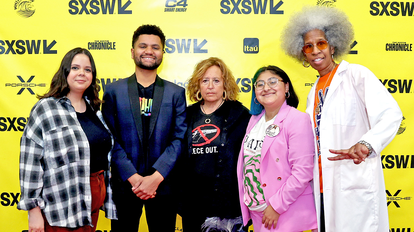 (L-R) Samantha Fuentes, Maxwell Frost, Jasmine Cazares, Kim A Snyder and Erica Ford – Featured Session: The Kids Are (Not) Alright: Gun Violence Terrorizing Youth of America – SXSW 2023 – Photo by Diego Donamaria/Getty Images for SXSW