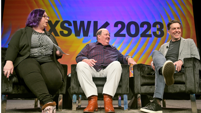 (L-R) Holly Frey, Brian Baumgartner and Ed Helms speak onstage at the Featured Session: More Than a Joke: The Road from Sitcom Success to iHeartPodcasts Powerhouse – Photo by Nicola Gell/Getty Images for SXSW