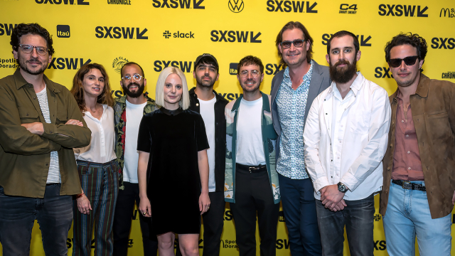 (L-R) Andres Velasquez, Amanda Freedman, Tomas Medero, Doriane Desfaugeres, Pablo Lozano, Tomas Gomez Bustillo, Gewan Brown, RJ Glass, Ciro Apicella – "Chronicles of a Wandering Saint" Premiere – SXSW 2023 – Photo by Ricardo Venegas