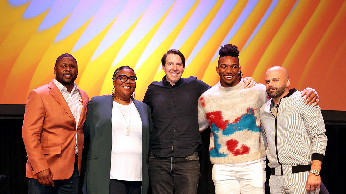 (L-R) Quan Cosby, Natalie Tindall, Ph.D., APR, Craig Allen, Bijan Robinson, and Bryan Burney – Featured Session: Bijan Mustardson & the Future of NIL Partnerships – SXSW 2023 – Photo by Errich Petersen/Getty Images for SXSW