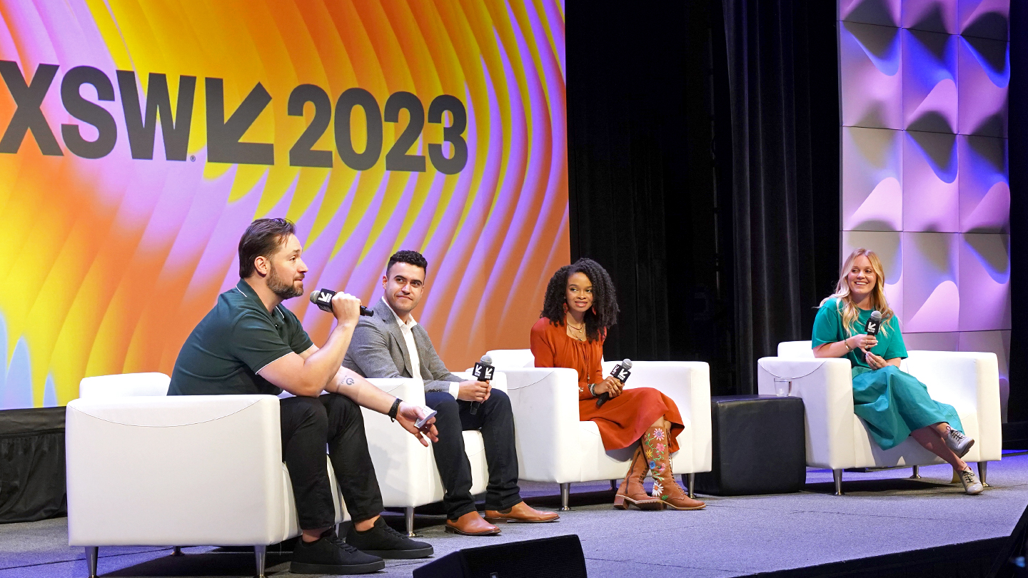 (L-R) Alexis Ohanian, Rostam Reifschneider, Maya Penn, Lissie Garvin – Featured Session: Empowering the Next Generation to Build a Better Future – SXSW 2023 – Photo by Amy E. Price/Getty Images for SXSW