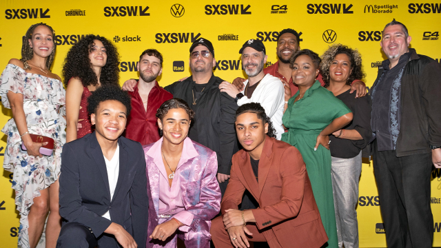 (L-R) Eliza Ramos, Angela Mejia-Loggia, Christopher Santiago, Chaz Hazlitt, X, Jocko Sims, X, X, X, Tristan-Lee Edwards, Giovanni Cristoff, Josiah Gabriel – Independent TV Pilot Program Premiere – SXSW 2023 – Photo by Shunya Carroll