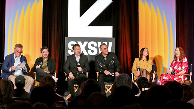 (L-R) Rob Tapert, Lee Cronin, Sam Raimi, Bruce Campbell, Lily Sullivan and Alyssa Sutherland – Featured Session: Evil Dead Rise: Flesh-Possessing Demons Come Home – SXSW 2023 – Photo by Amy E. Price/Getty Images for SXSW