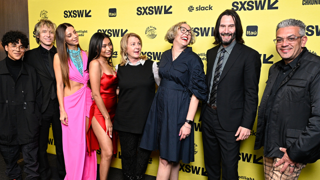 (L-R) Benny Emmanuel, Knate Lee, Angela Sarafyan, Natalia del Riego, Rosemary Rodriguez, Karina Miller, Keanu Reeves, Emilio Mejia attend "Haily Mary" Premiere – SXSW 2023 – Photo by Shannon Johnston