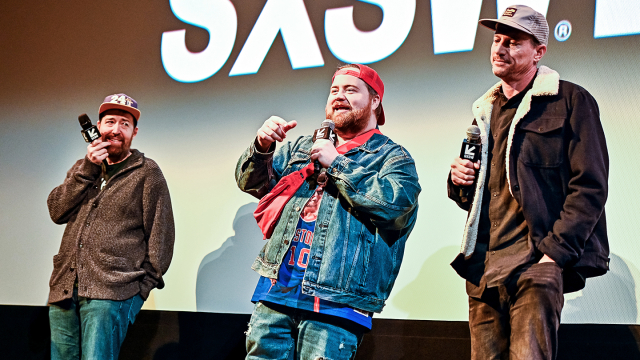 (L-R) Tony Tost, Paul Walter Hauser, Simon Rex attend "Americana" Q&A – SXSW 2023 – Photo by Shannon Johnston