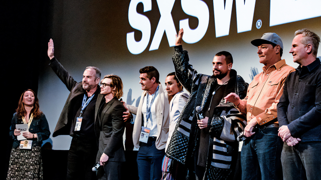 (L-R) Bobby Bastarache, Mccaul Lombardi, Lance Larson, Luis Chavez, Roberto Urbina, Chris Mulkey, Jas Shelton attend "Deadland" Q&A – SXSW 2023 – Photo by Marina Alvarez