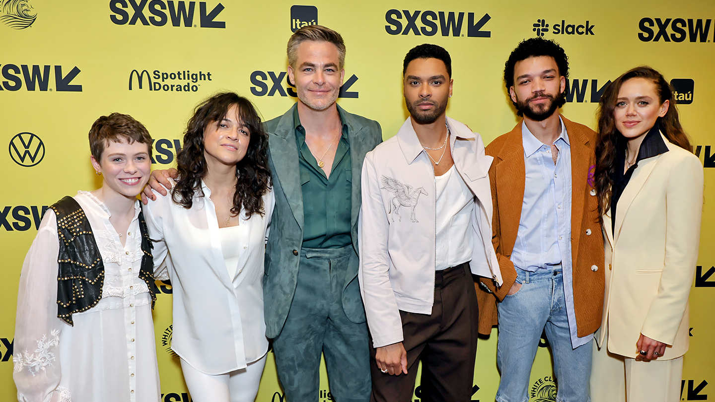 (L-R) Sophia Lillis, Michelle Rodriguez, Chris Pine, Claudette Godfrey, Regé-Jean Page, Justice Smith, Daisy Head attend "Dungeons & Dragons: Honor Among Thieves" World Premiere – SXSW 2023 – Photo by Michael Loccisano/Getty Images for SXSW