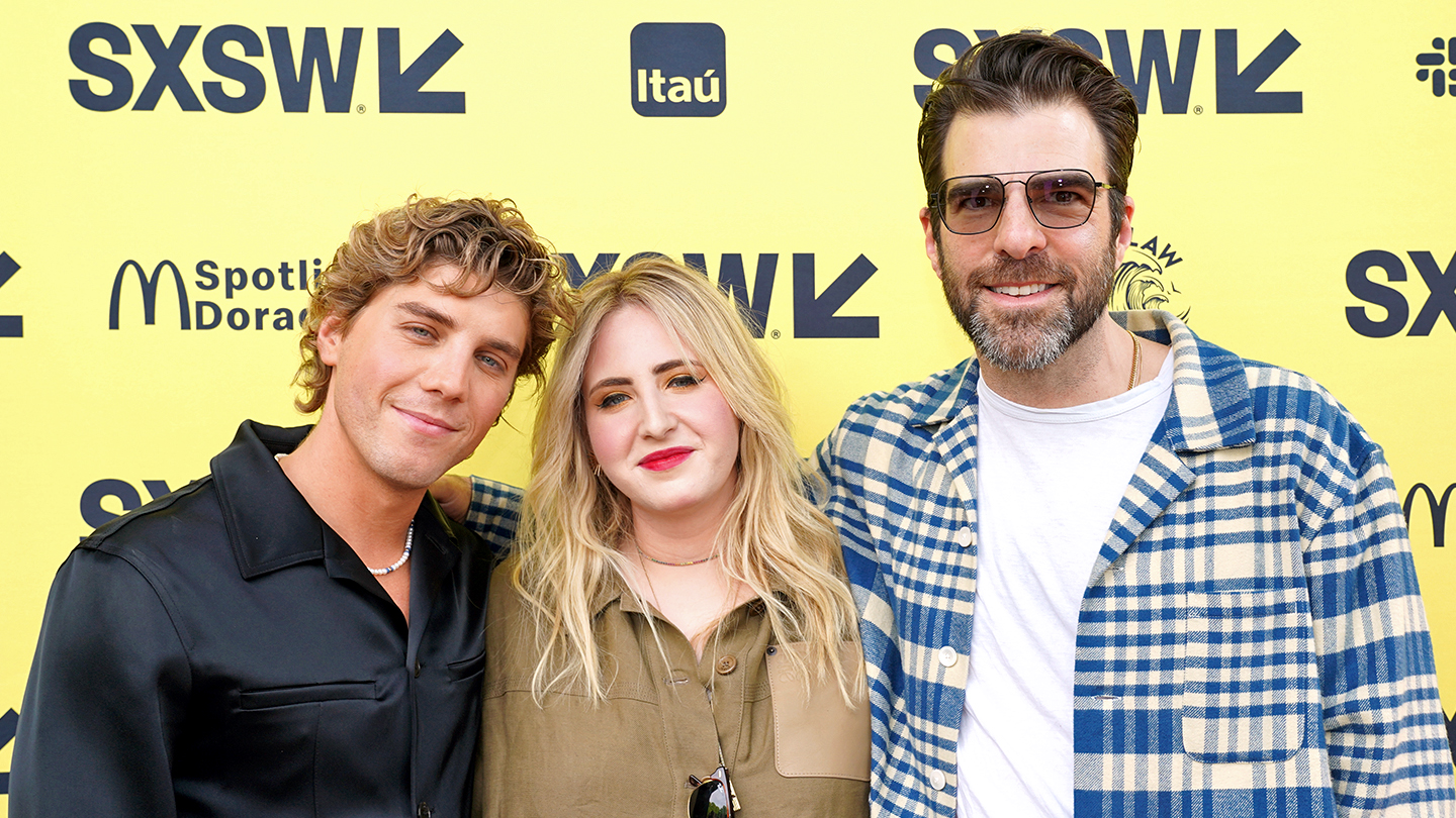 (L-R) Lukas Gage, Phoebe Fisher, Zachary Quinto attend "Down Low" Premiere – SXSW 2023 – Photo by Amy E. Price/Getty Images for SXSW