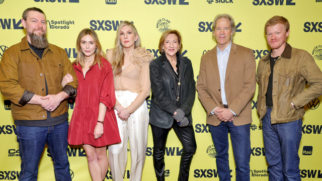 (L-R) Patrick Fugit, Elizabeth Olsen, Lily Rabe, Lesli Linka Glatter, David E. Kelley, Jesse Plemons attend "Love & Death" World Premiere – SXSW 2023 – Photo by Michael Loccisano/Getty Images for SXSW