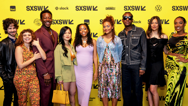 (L-R) Connor Paolo, Sandy Honig, Brandon Michael Hall, Tayarisha Poe, Kiersey Clemons, Leon Bridges Lukita Maxwell, Aida Osman attend "The Young Wife" Premiere – SXSW 2023 – Photo by Sean Mathis/Getty Images for SXSW