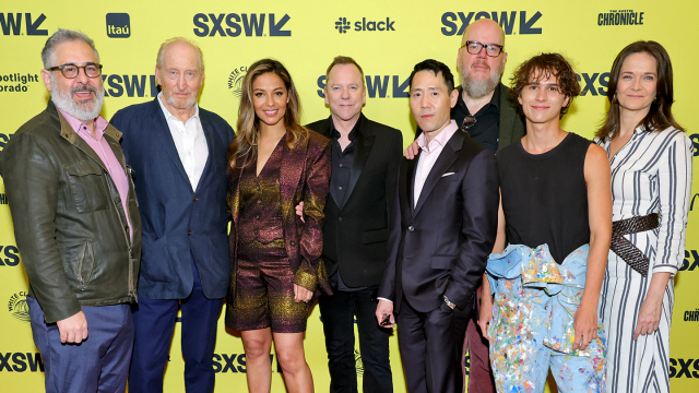 (L-R) Glenn Ficarra, Charles Dance, Meta Golding, Kiefer Sutherland, Rob Yang, John Requa, Walt Klink, Enid Graham attend "Rabbit Hole" World Premiere – SXSW 2023 – Photo by Michael Loccisano/Getty Images for SXSW)