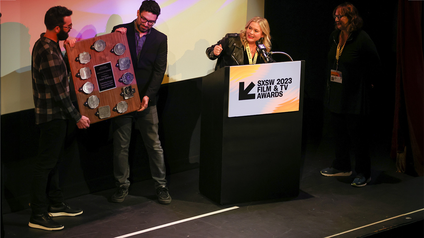 Former SXSW Director Janet Pierson (R) accepts a Community Champion Award at the 2023 SXSW Film & TV Awards - Photo by Nick Piacente